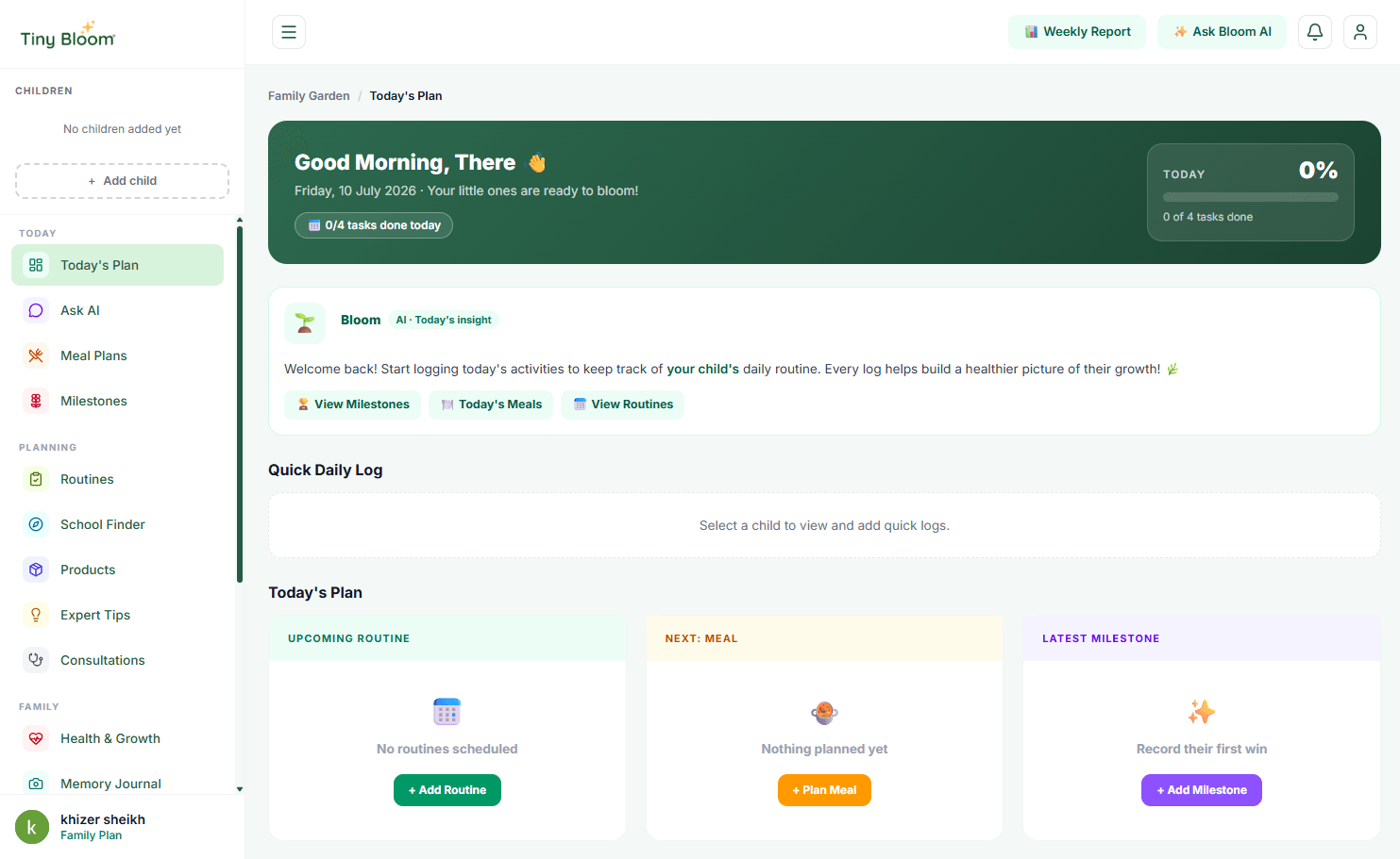 TinyBloom today's plan dashboard