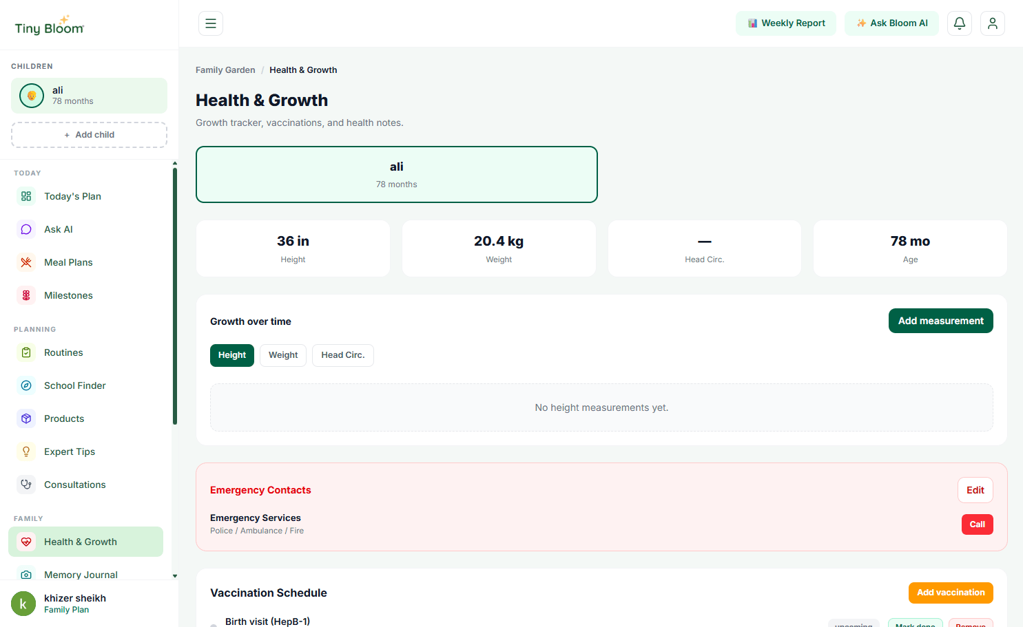 TinyBloom health and growth dashboard